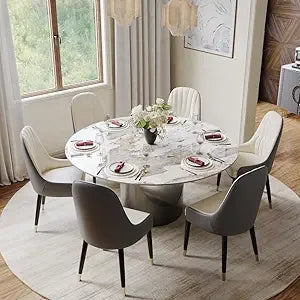 Modern Round Dining Table With Sintered Stone And Bronze Pedestal