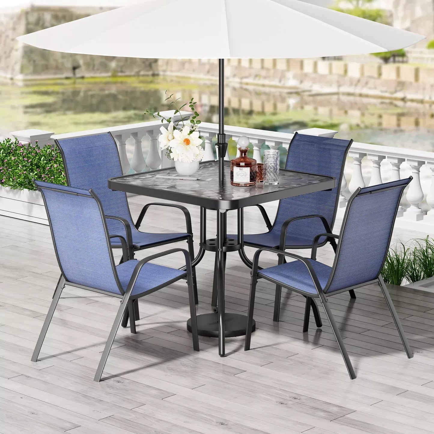 Patio Dining Set Outdoor Iron Table And Textilene Chairs