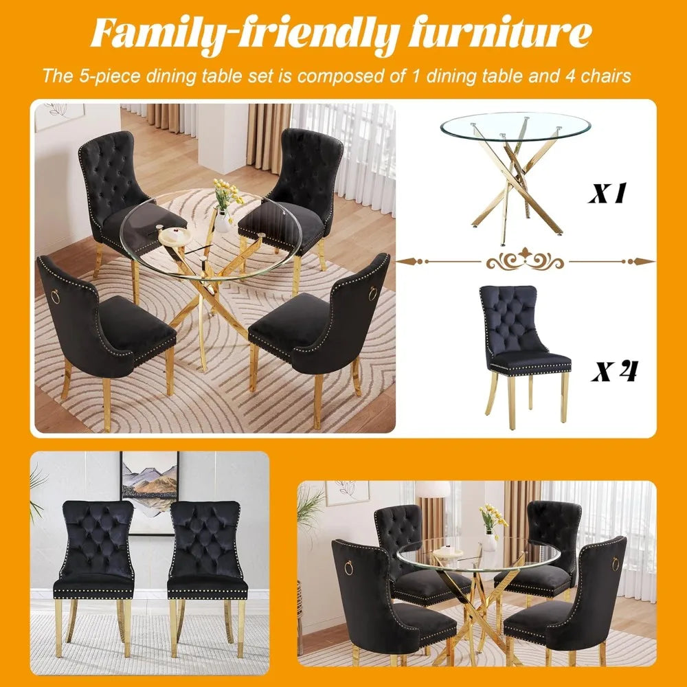 Glass Dining Table Set For Four With Velvet Chairs