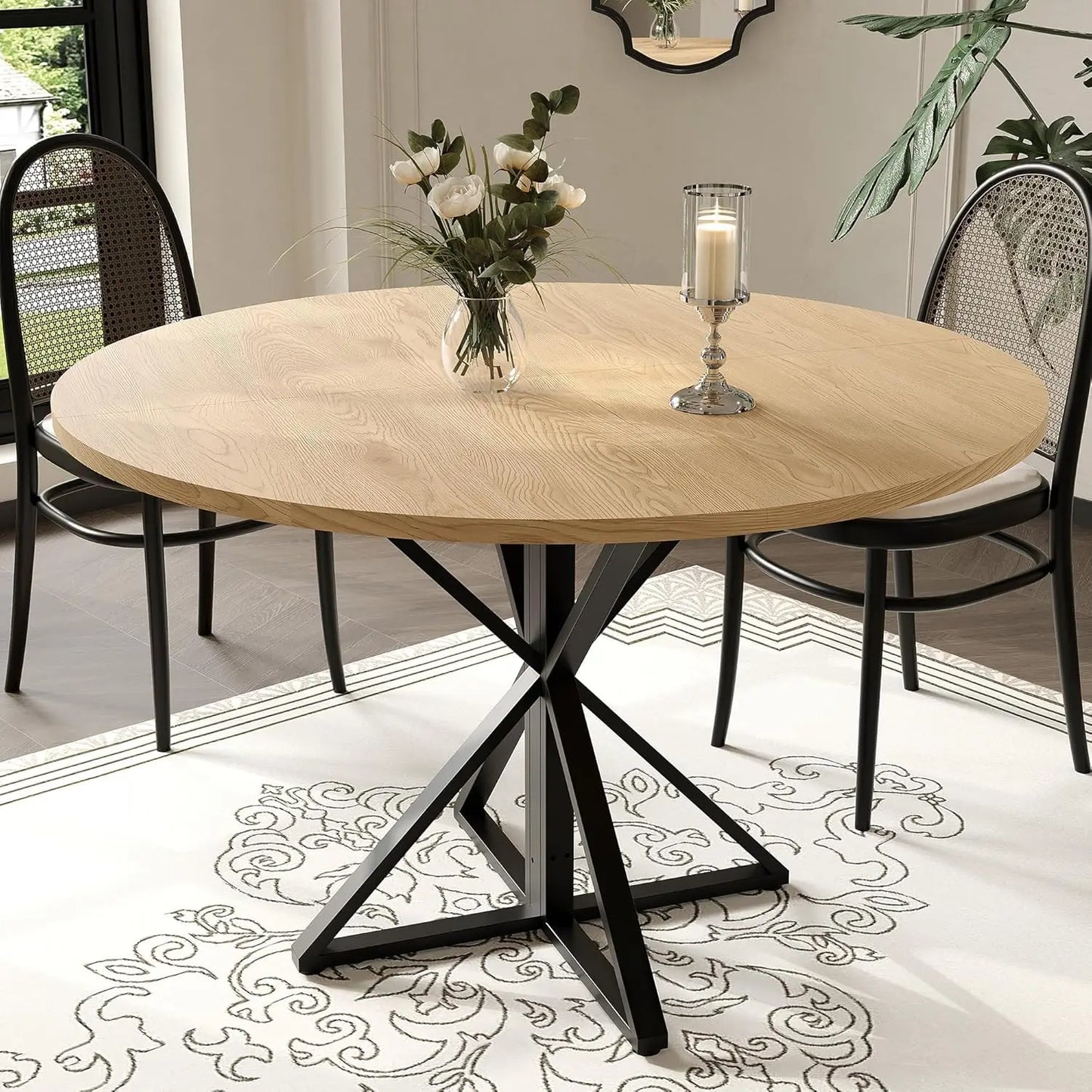 TWISTER.CK Round Dining Table For 4 Wood Top Metal Pedestal