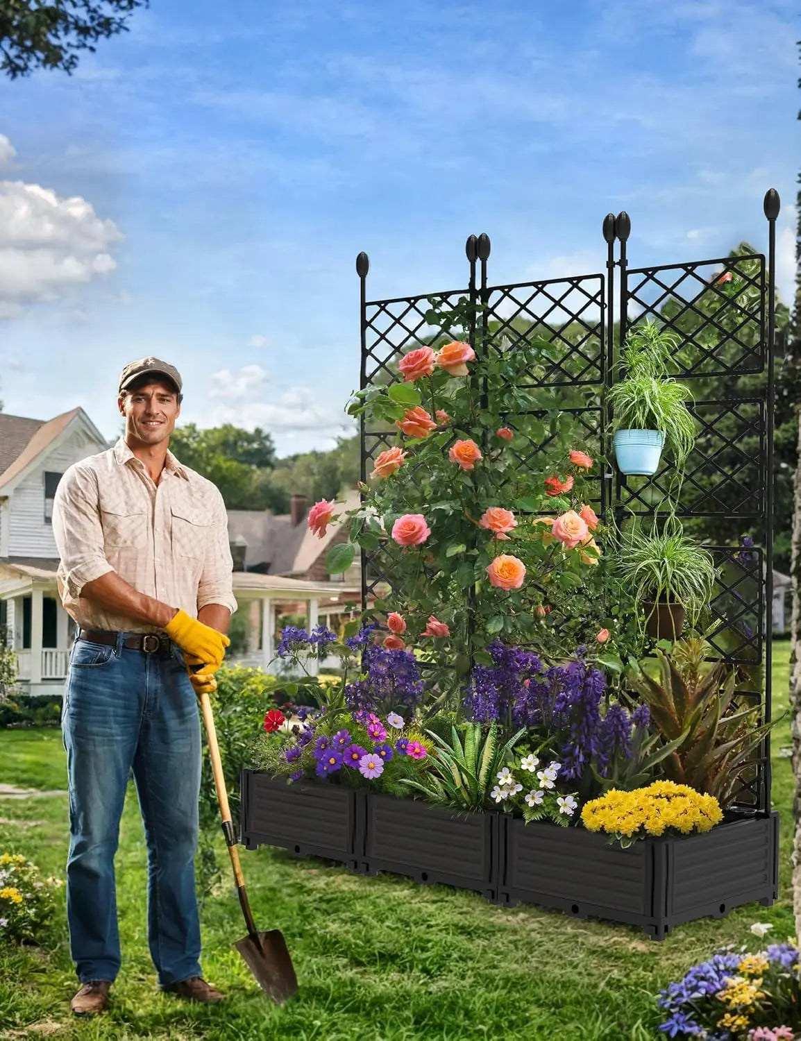 Plastic Raised Planter Boxes With Trellis For Climbing Plants