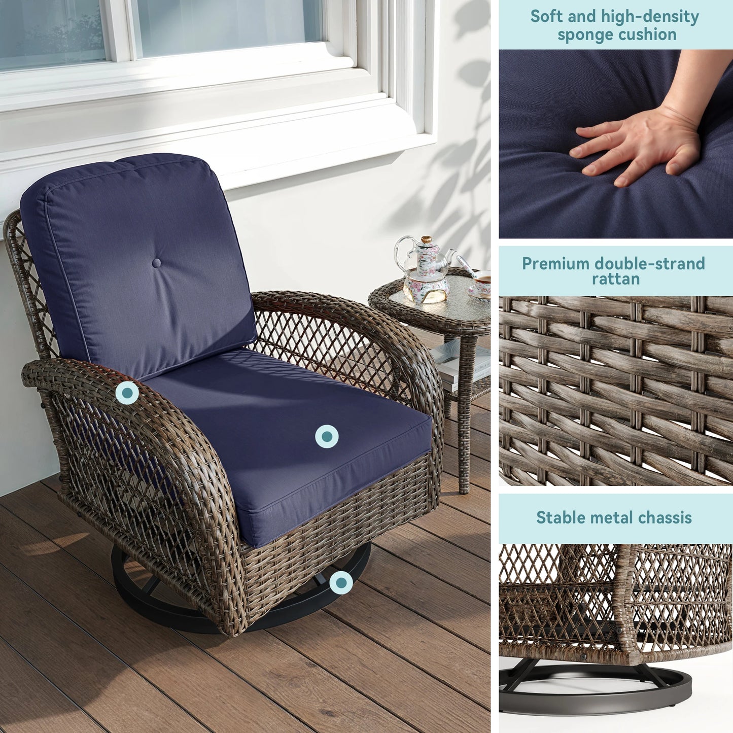 HOOMIC 3 Piece Patio Furniture Set With Cushioned Rotating Chairs