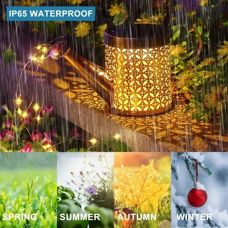 HomeFISH Retro Metal Lantern LED Solar Watering Can Light Garden Decor