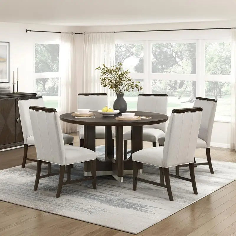 Modern 7 Piece Dining Set With Round Table Upholstered Chairs