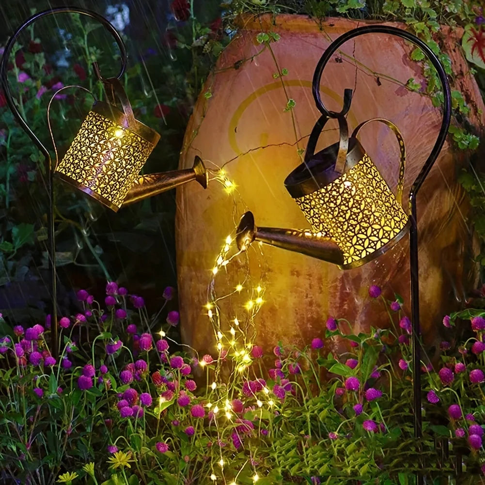 HomeFISH Retro Metal Lantern LED Solar Watering Can Light Garden Decor