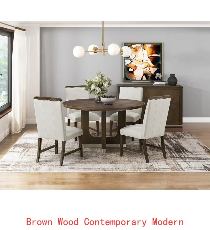 Modern 7 Piece Dining Set With Round Table Upholstered Chairs