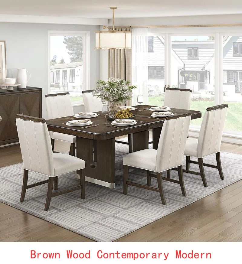 Modern 7 Piece Dining Set With Round Table Upholstered Chairs