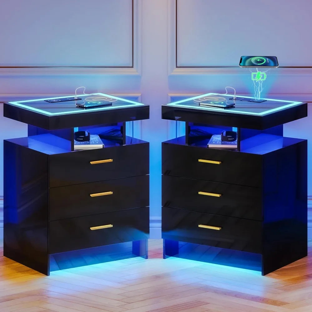 Nightstands With Wireless Charging Auto Sensor Dimmable LED Bedside Table