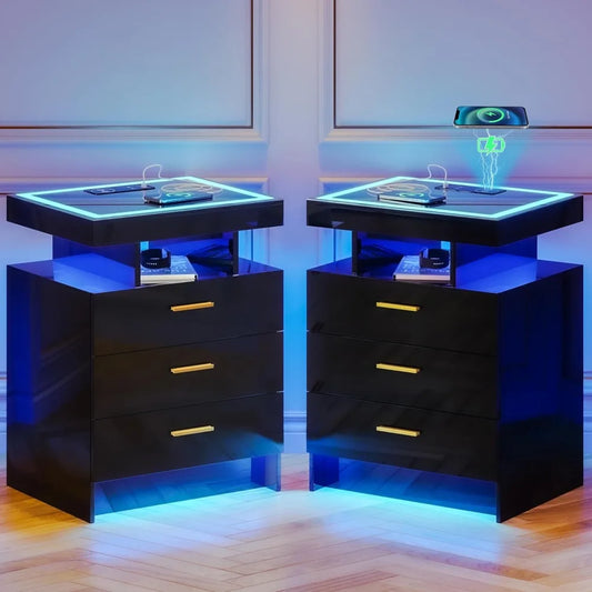Nightstands With Wireless Charging Auto Sensor Dimmable LED Bedside Table