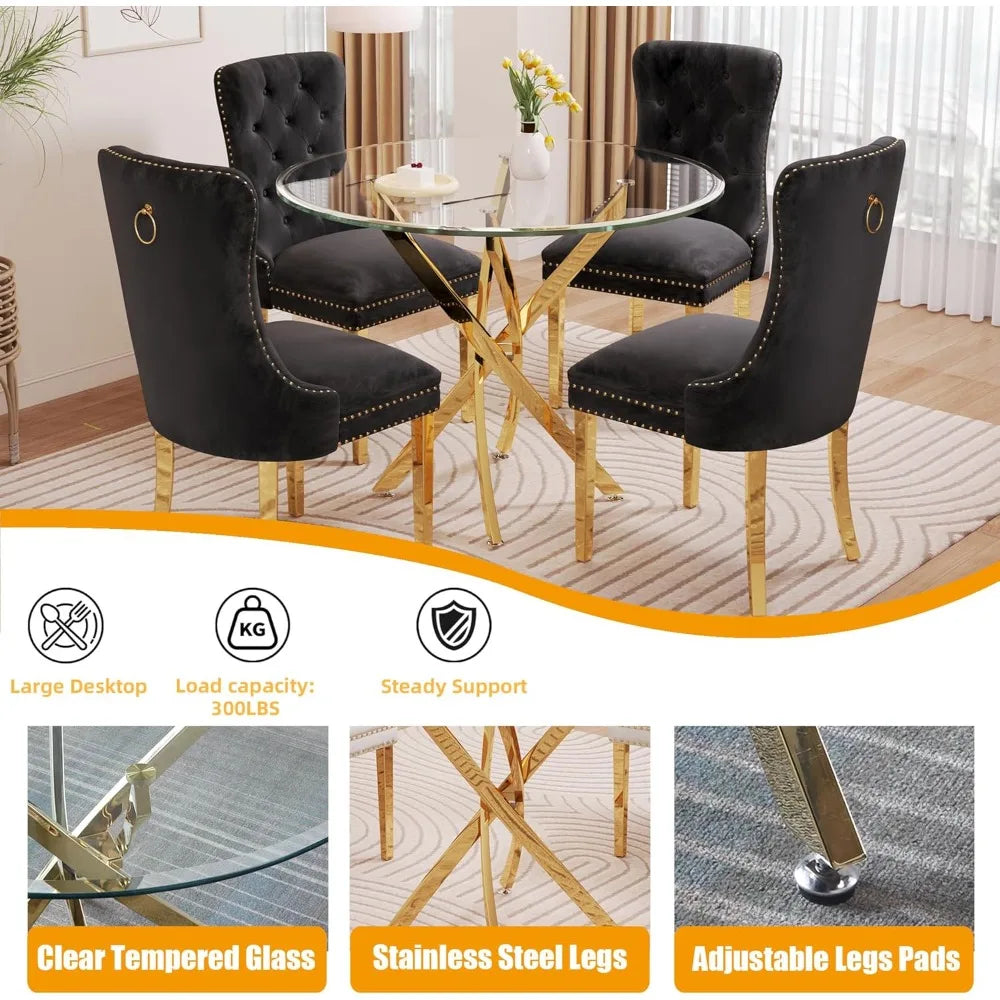 Glass Dining Table Set For Four With Velvet Chairs