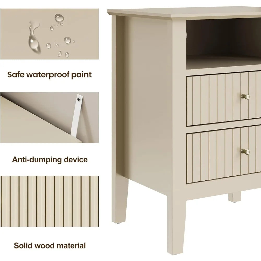 XMSJ Fluted Nightstand Set of 2 Drawers Modern Wood