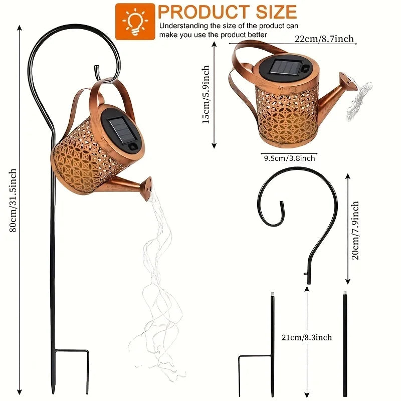 HomeFISH Retro Metal Lantern LED Solar Watering Can Light Garden Decor