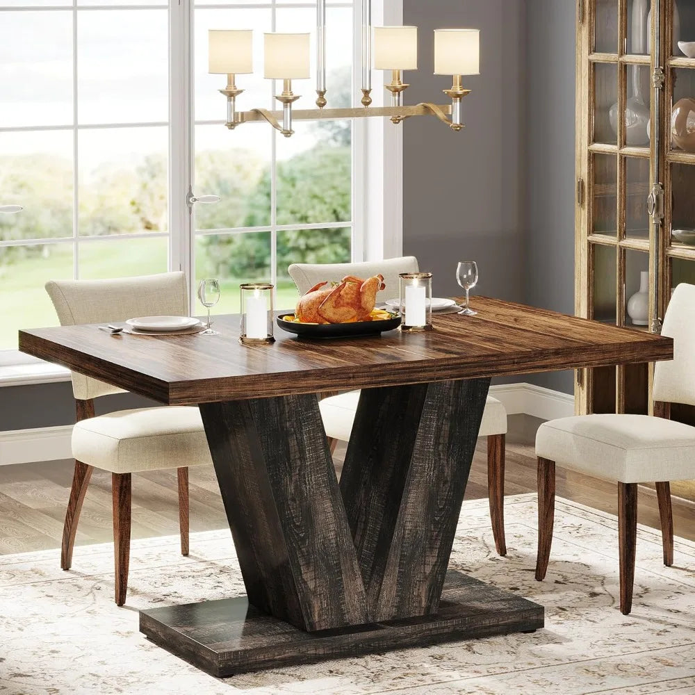 Farmhouse Wooden Dining Table For Four With Heavy Pedestal