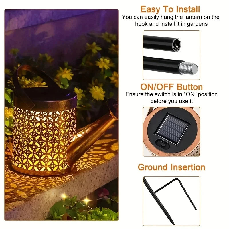 HomeFISH Retro Metal Lantern LED Solar Watering Can Light Garden Decor