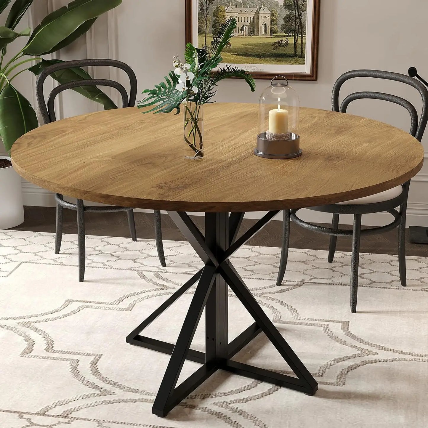 TWISTER.CK Round Dining Table For 4 Wood Top Metal Pedestal