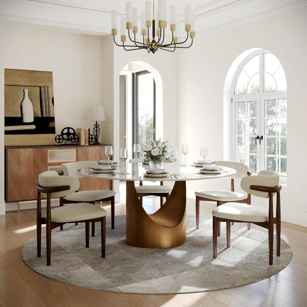 Modern Round Dining Table With Sintered Stone And Bronze Pedestal
