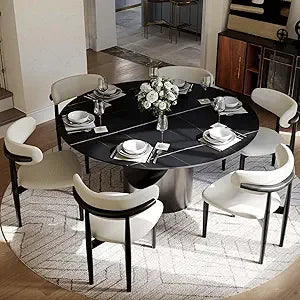 Modern Round Dining Table With Sintered Stone And Bronze Pedestal