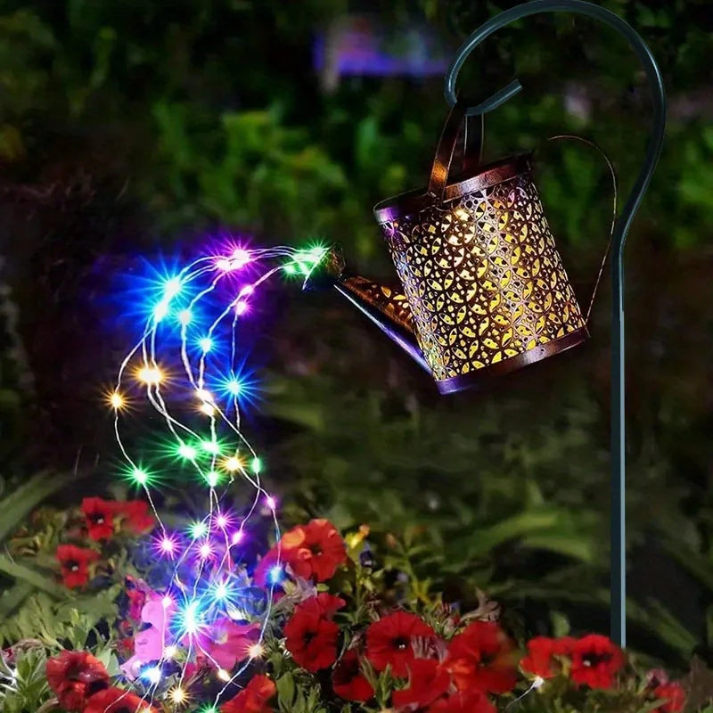 HomeFISH Retro Metal Lantern LED Solar Watering Can Light Garden Decor