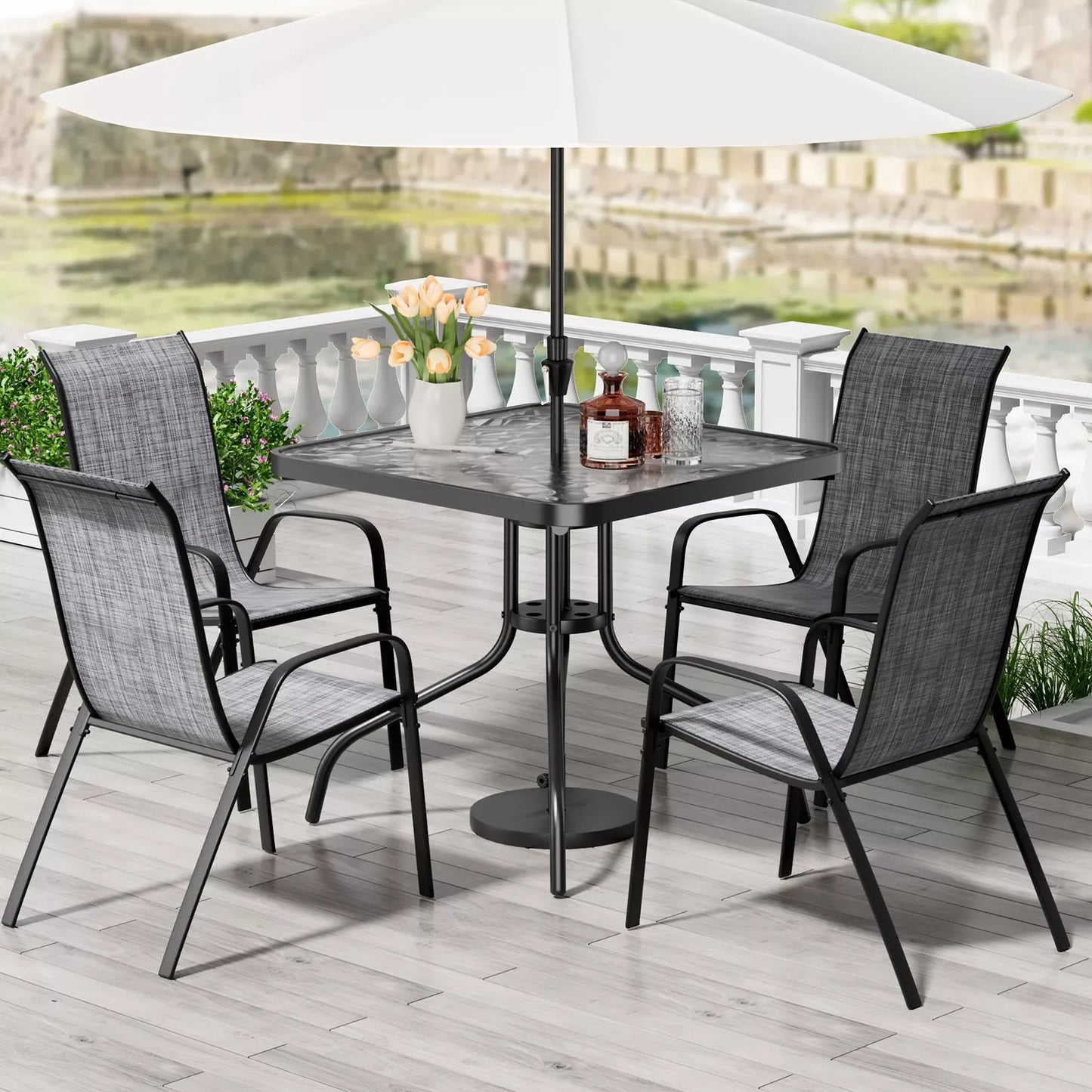 Patio Dining Set Outdoor Iron Table And Textilene Chairs