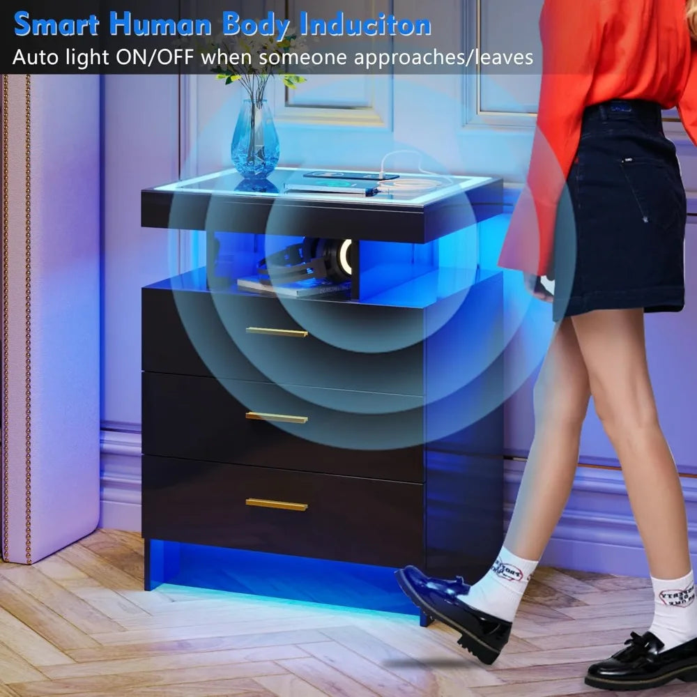 Nightstands With Wireless Charging Auto Sensor Dimmable LED Bedside Table