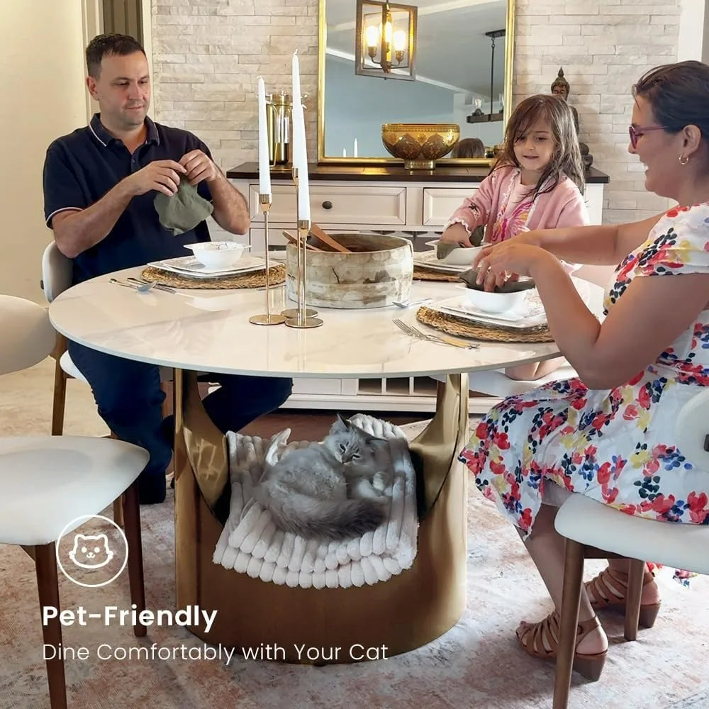 Modern Round Dining Table With Sintered Stone And Bronze Pedestal