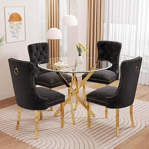 Glass Dining Table Set For Four With Velvet Chairs