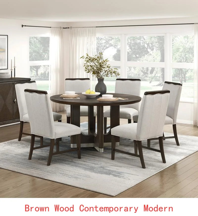 Modern 7 Piece Dining Set With Round Table Upholstered Chairs