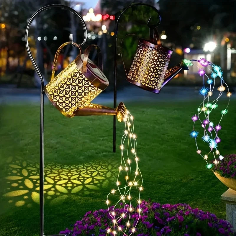HomeFISH Retro Metal Lantern LED Solar Watering Can Light Garden Decor