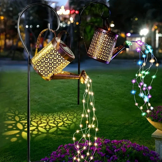 HomeFISH Retro Metal Lantern LED Solar Watering Can Light Garden Decor