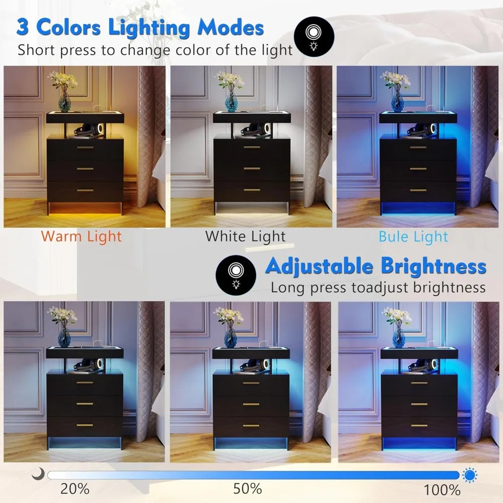 Nightstands With Wireless Charging Auto Sensor Dimmable LED Bedside Table