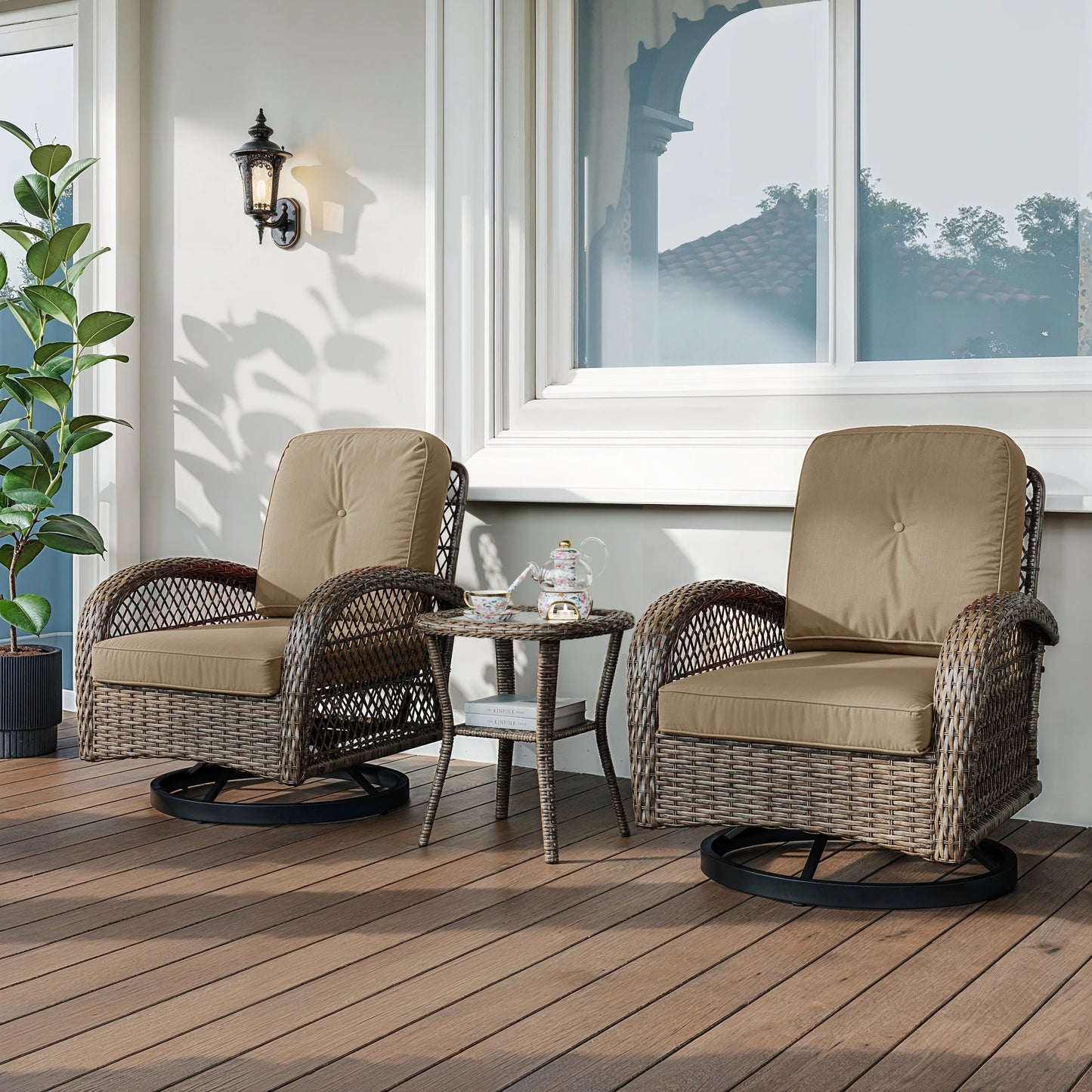 HOOMIC 3 Piece Patio Furniture Set With Cushioned Rotating Chairs