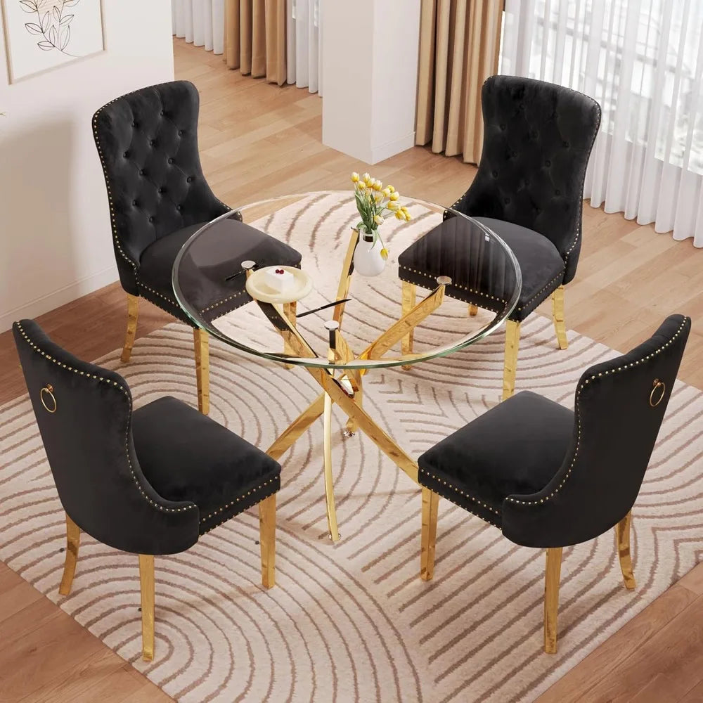 Glass Dining Table Set For Four With Velvet Chairs