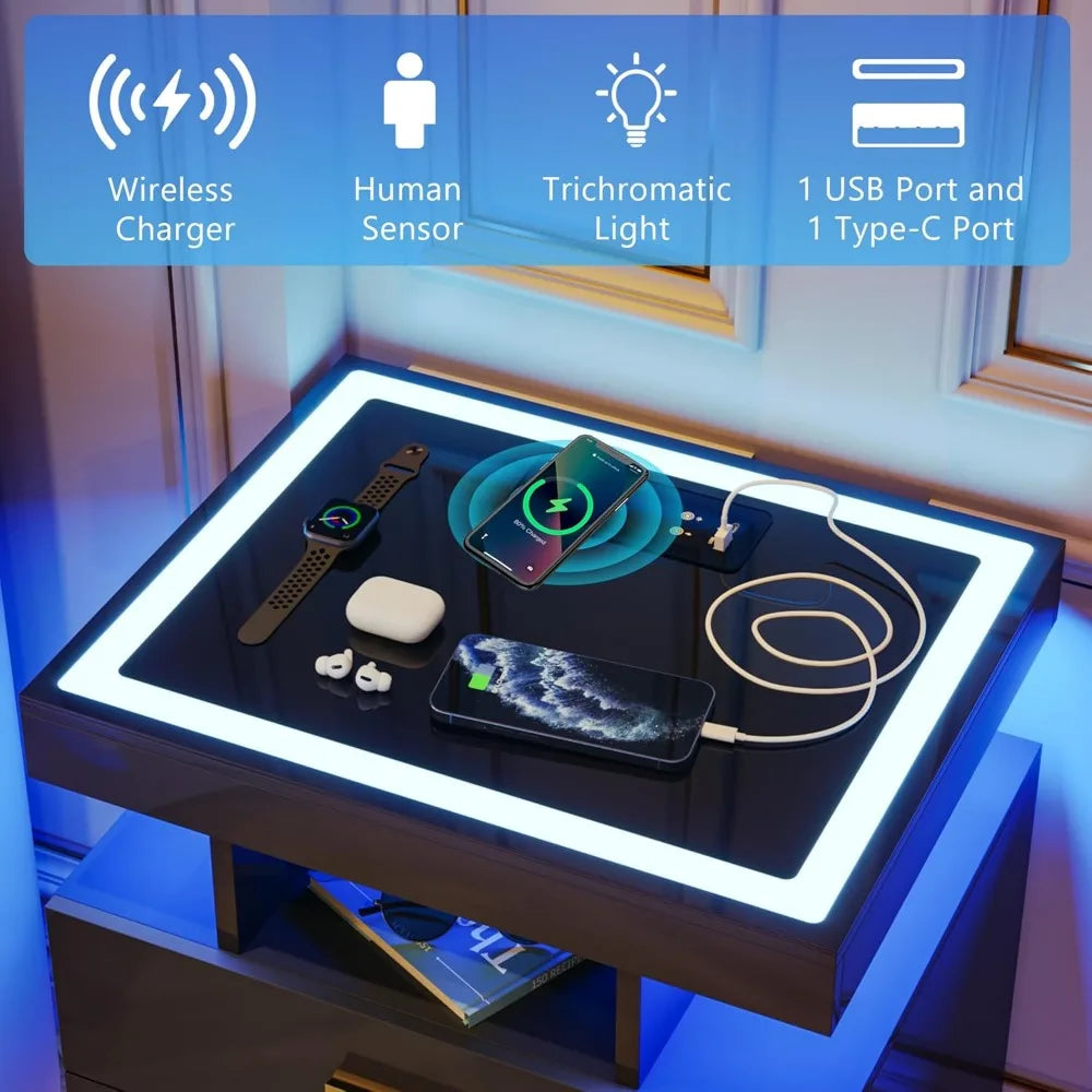 Nightstands With Wireless Charging Auto Sensor Dimmable LED Bedside Table