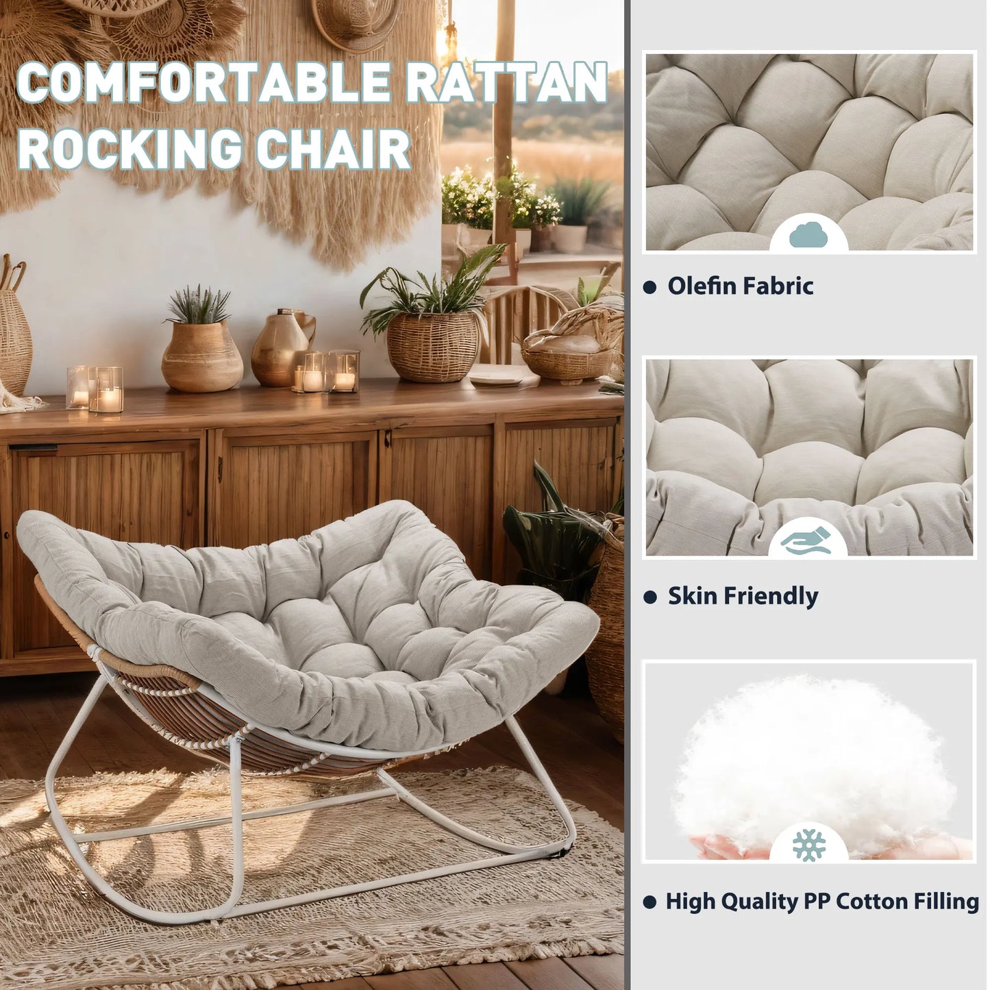 Outdoor Rocking Chair Patio Wicker Egg Chair With Cushion