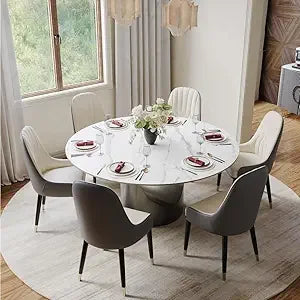 Modern Round Dining Table With Sintered Stone And Bronze Pedestal