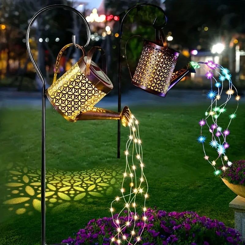HomeFISH Retro Metal Lantern LED Solar Watering Can Light Garden Decor