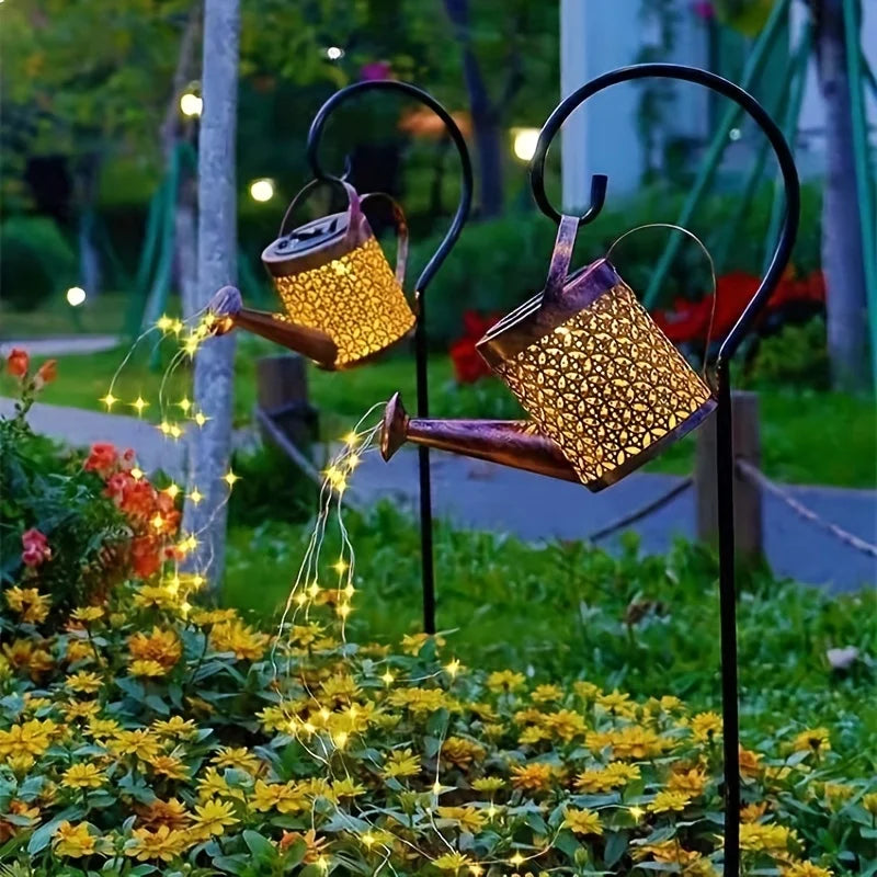 HomeFISH Retro Metal Lantern LED Solar Watering Can Light Garden Decor