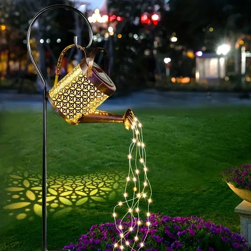 HomeFISH Retro Metal Lantern LED Solar Watering Can Light Garden Decor