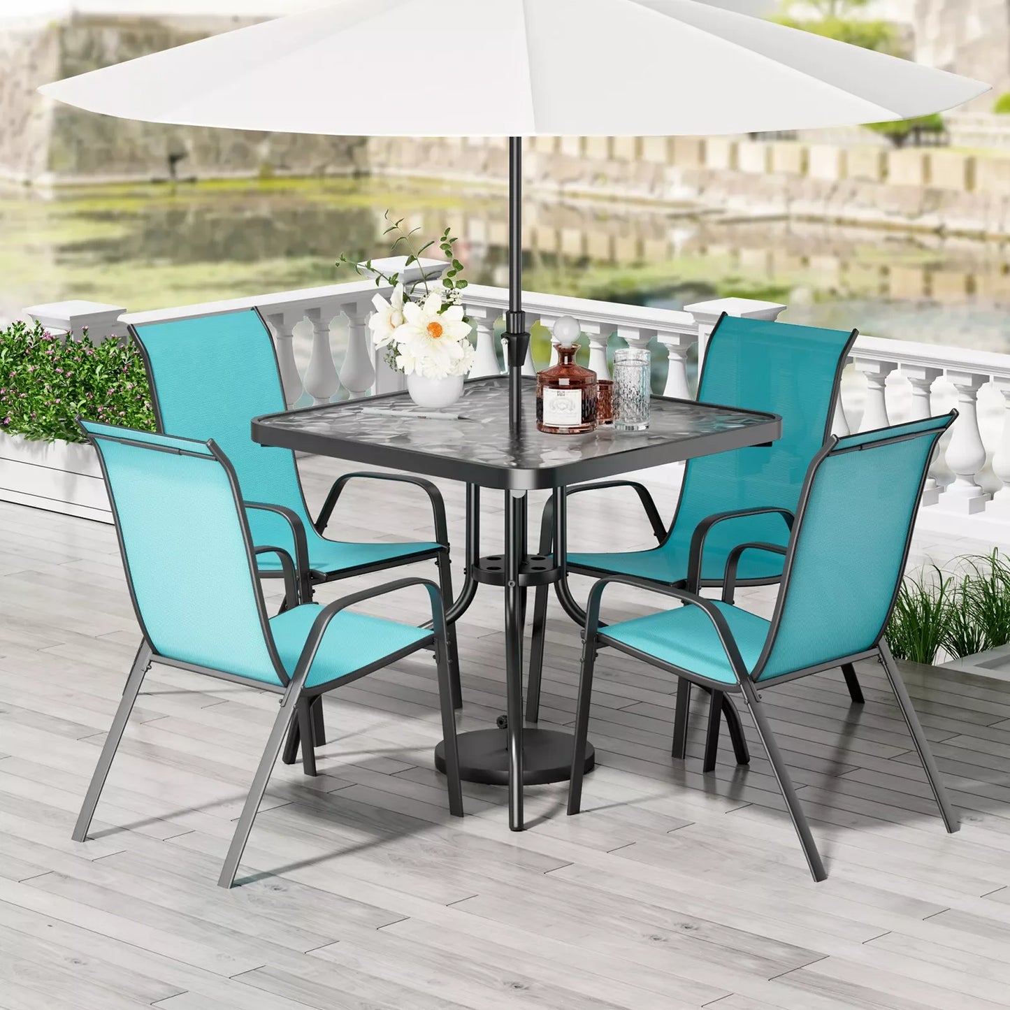 Patio Dining Set Outdoor Iron Table And Textilene Chairs