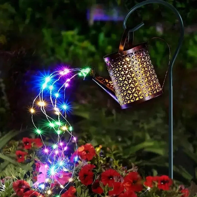 HomeFISH Retro Metal Lantern LED Solar Watering Can Light Garden Decor