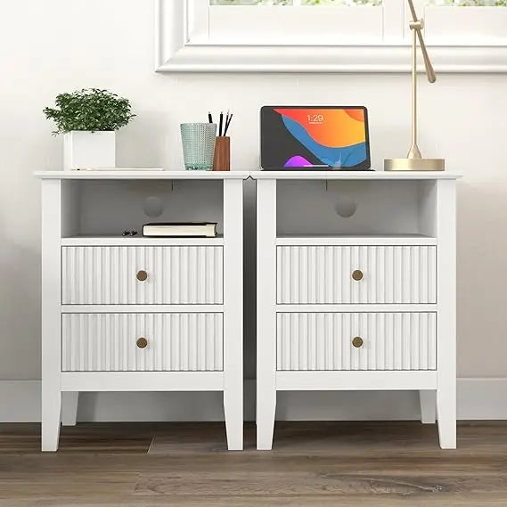 XMSJ Fluted Nightstand Set of 2 Drawers Modern Wood