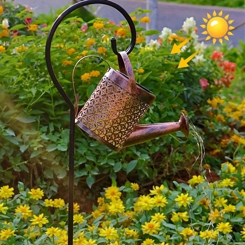 HomeFISH Retro Metal Lantern LED Solar Watering Can Light Garden Decor