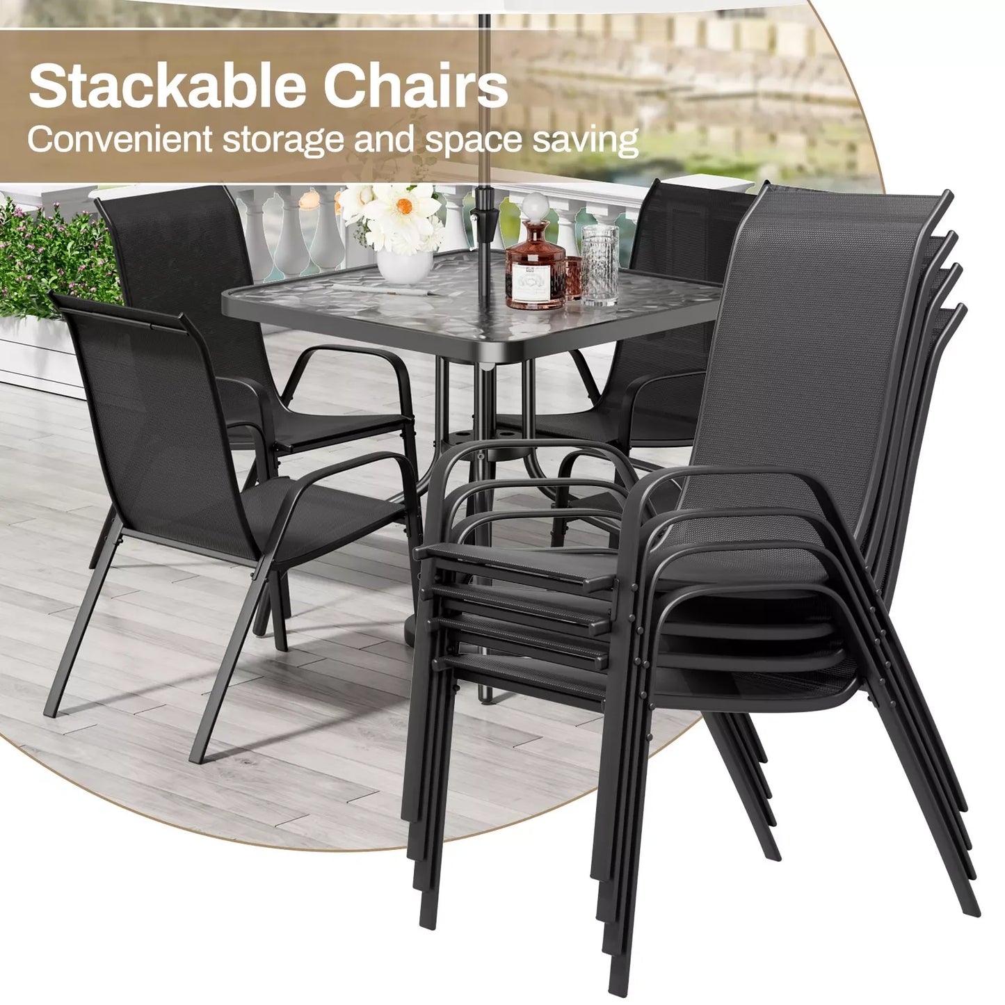 Patio Dining Set Outdoor Iron Table And Textilene Chairs
