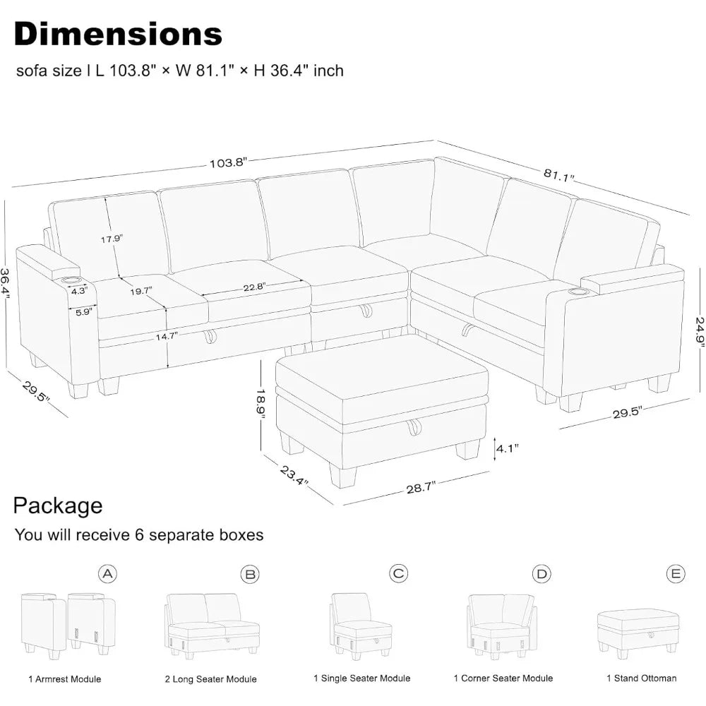 Ticify Chenille Modular Sectional Sofa L Shaped with Storage Armrest