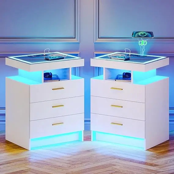 Nightstands With Wireless Charging Auto Sensor Dimmable LED Bedside Table