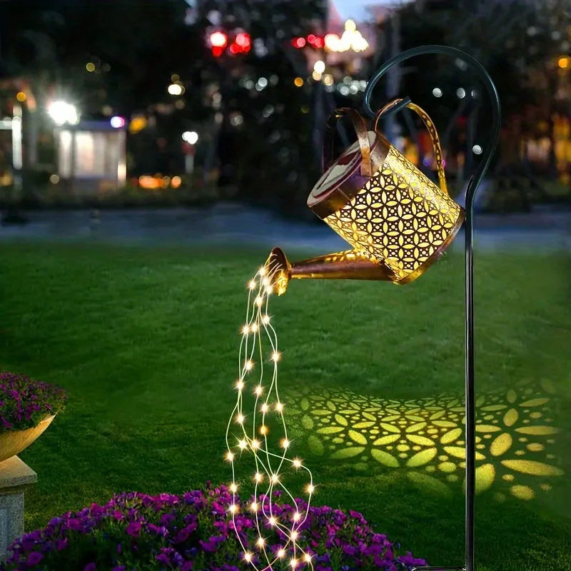 HomeFISH Retro Metal Lantern LED Solar Watering Can Light Garden Decor