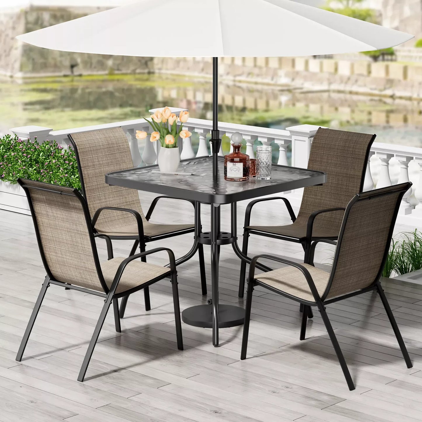 Patio Dining Set Outdoor Iron Table And Textilene Chairs