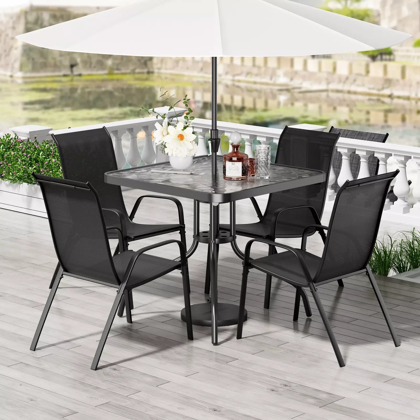 Patio Dining Set Outdoor Iron Table And Textilene Chairs