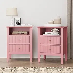 XMSJ Fluted Nightstand Set of 2 Drawers Modern Wood