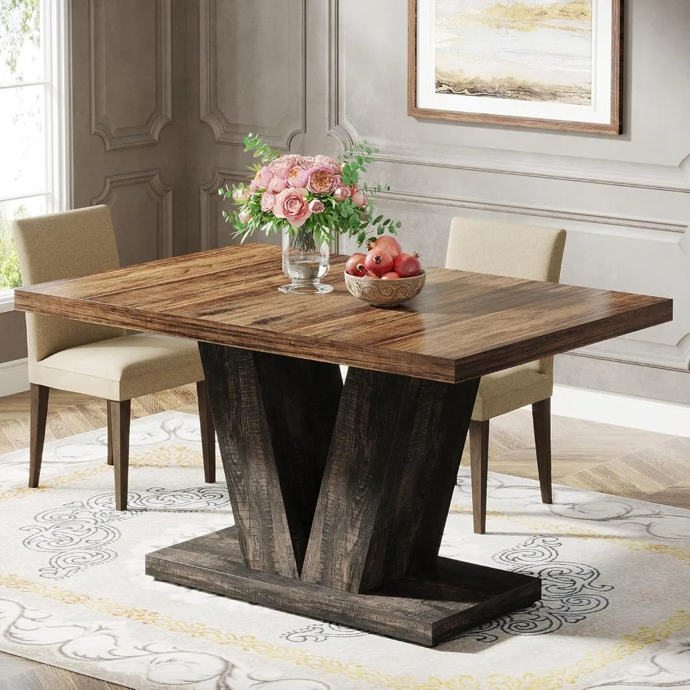 Farmhouse Wooden Dining Table For Four With Heavy Pedestal